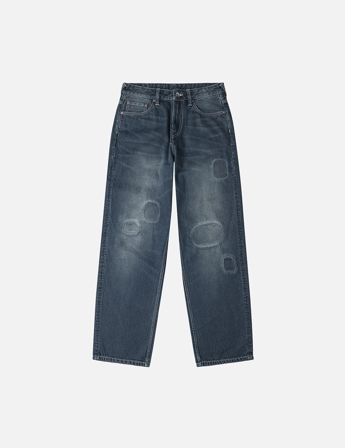 斑驳海鸥印花和补丁宽版牛仔裤